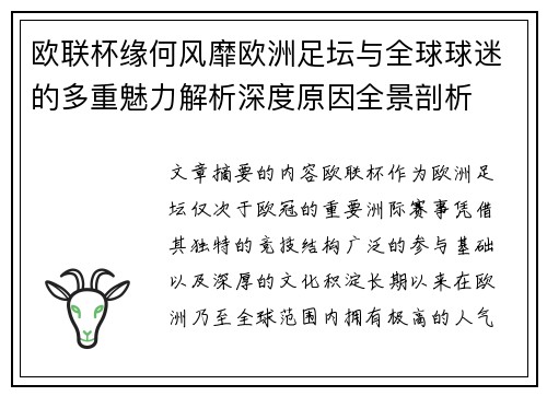 欧联杯缘何风靡欧洲足坛与全球球迷的多重魅力解析深度原因全景剖析